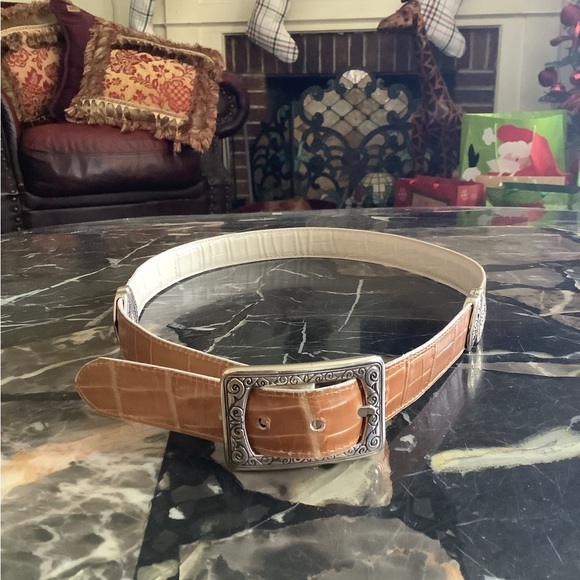 Brighton ornament reversible camel/ivory embossed alligator leather belt sz Lrg main image 5
